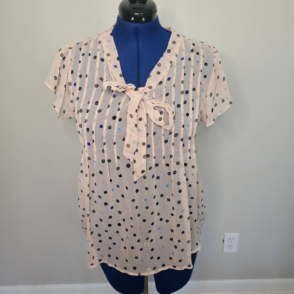 Elle Blush Pink Polka Dot Sheer Blouse Tie Neck Flutter Sleeve Size L
